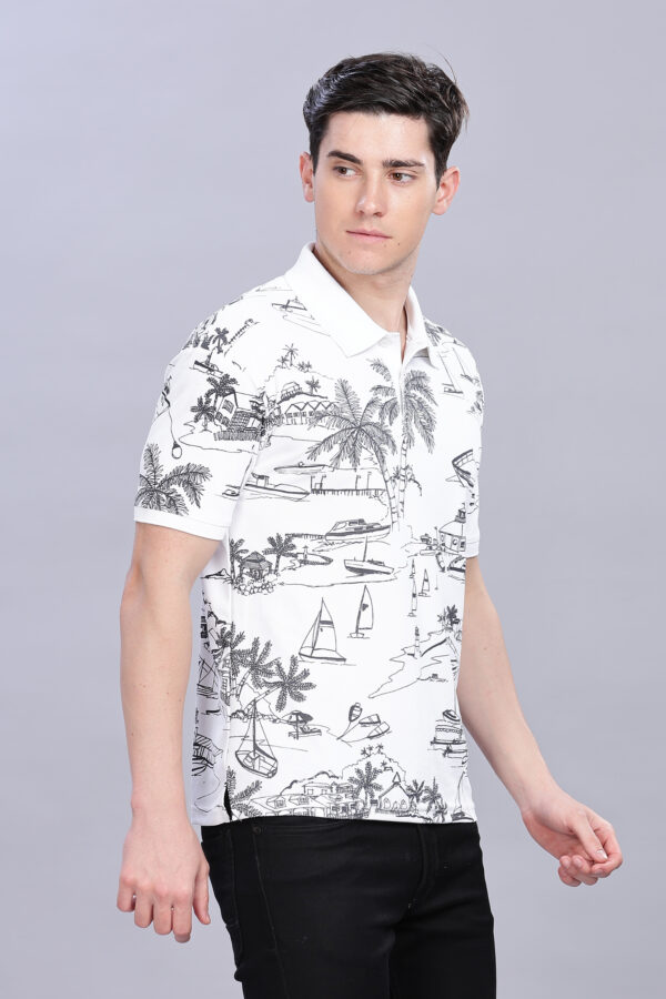 Scenery Printed White Polo T-Shirt - Image 5