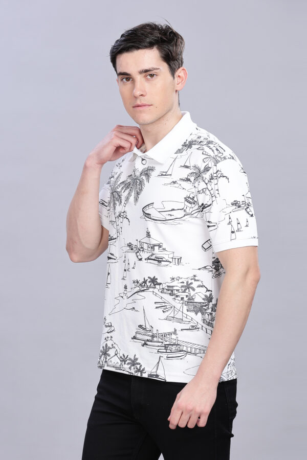 Scenery Printed White Polo T-Shirt - Image 4