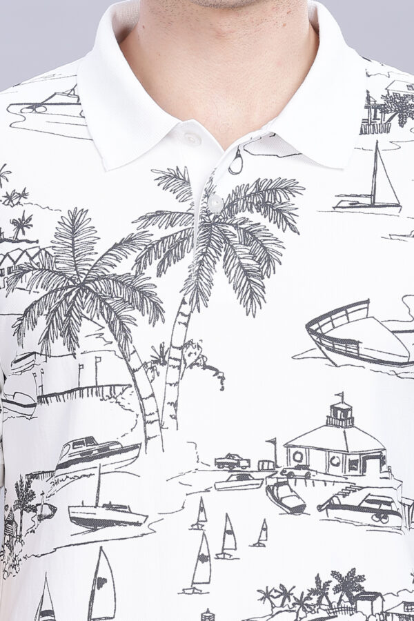 Scenery Printed White Polo T-Shirt - Image 3