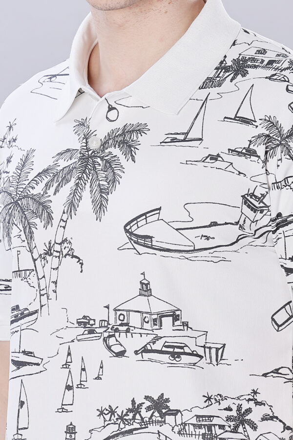 Scenery Printed White Polo T-Shirt - Image 2