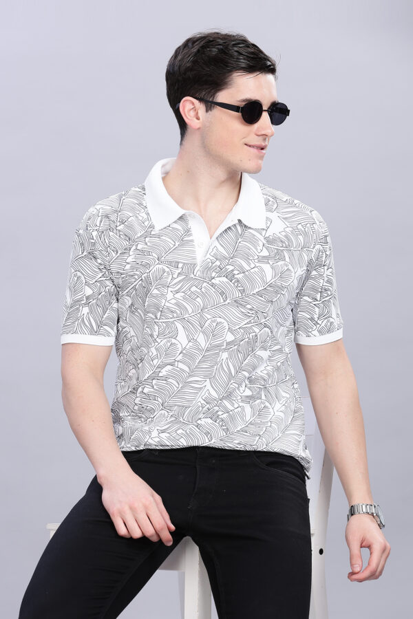 Stylish Tropical Leaf Print White Polo T-Shirt - Image 2