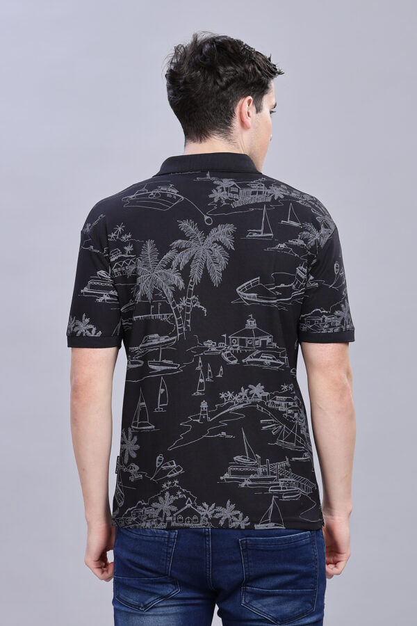 Scenery Printed Black Polo T-Shirt - Image 3