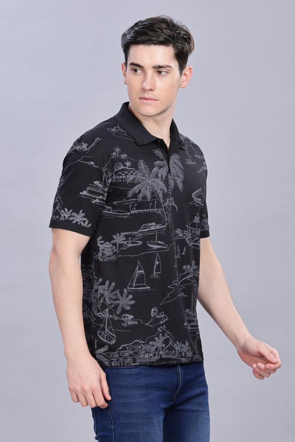 Scenery Printed Black Polo T-Shirt