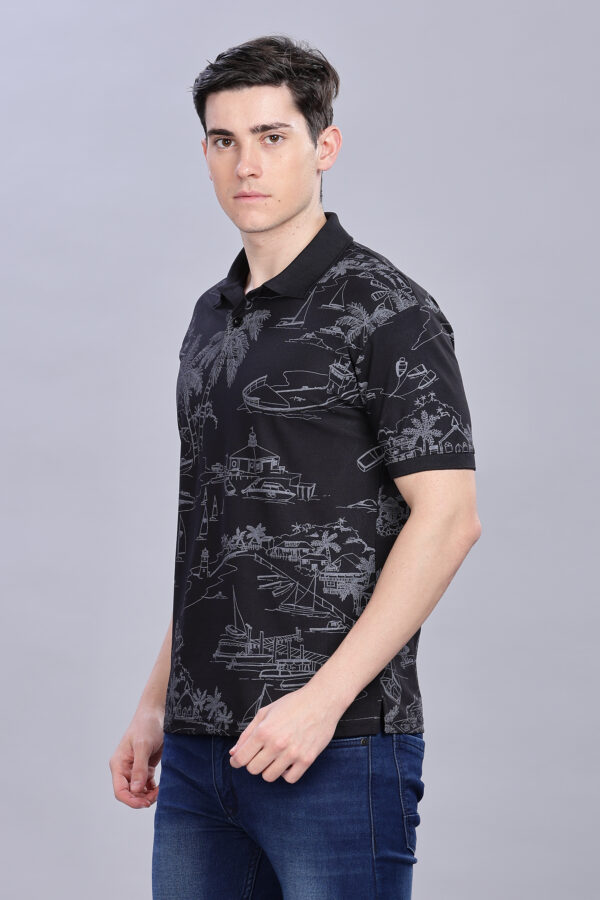 Scenery Printed Black Polo T-Shirt - Image 7