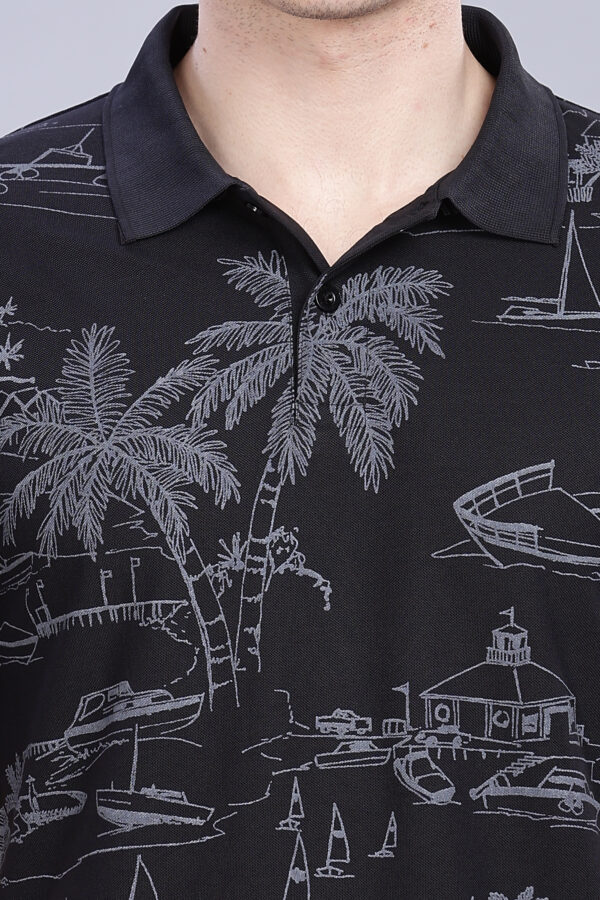 Scenery Printed Black Polo T-Shirt - Image 8