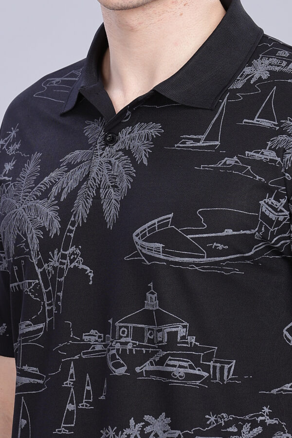 Scenery Printed Black Polo T-Shirt - Image 4