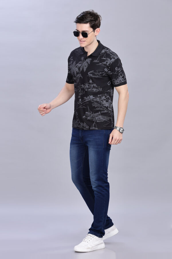 Scenery Printed Black Polo T-Shirt - Image 9