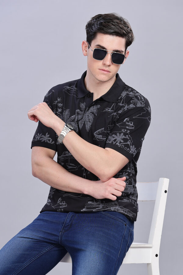 Scenery Printed Black Polo T-Shirt - Image 5