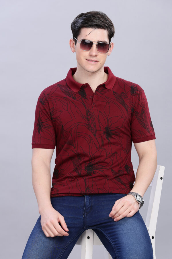 Big Flower Printed Maroon Polo T-Shirt - Image 7