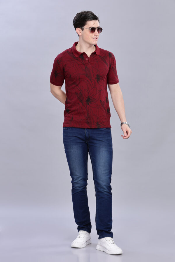 Big Flower Printed Maroon Polo T-Shirt - Image 3