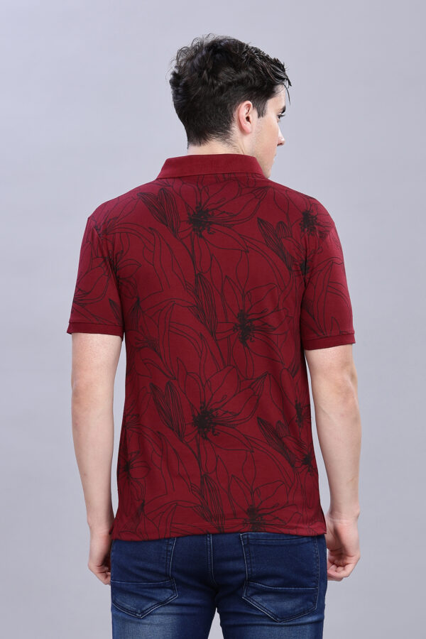 Big Flower Printed Maroon Polo T-Shirt - Image 8