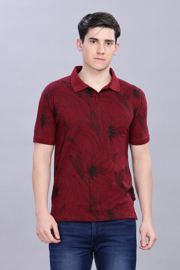 Big Flower Printed Maroon Polo T-Shirt - Image 4