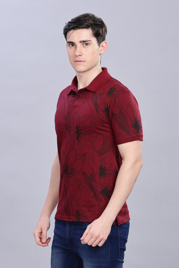 Big Flower Printed Maroon Polo T-Shirt - Image 5