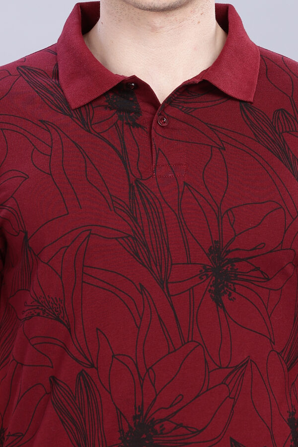 Big Flower Printed Maroon Polo T-Shirt - Image 6