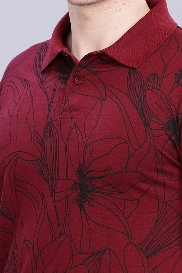 Big Flower Printed Maroon Polo T-Shirt - Image 2