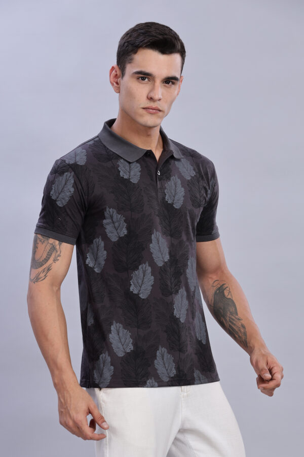 Leaves Printed Dark Grey Polo T-Shirt - Image 3