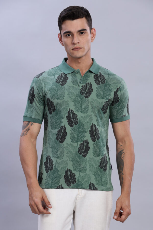 Buy Olive color Leaf Printed Polo T-Shirt