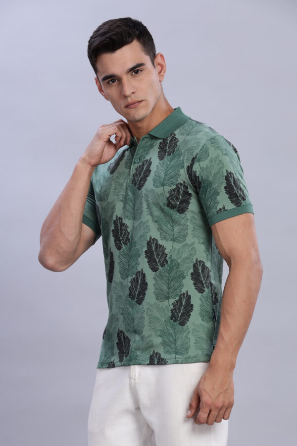 Olive color Leaf-Print Polo T-Shirt