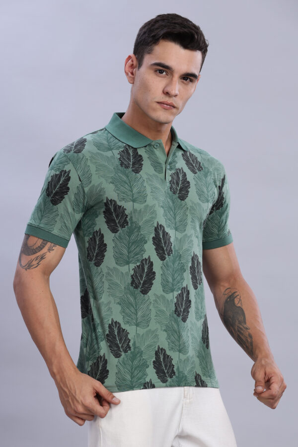 buy online Olive color Leaf Printed Polo T-Shirt for men