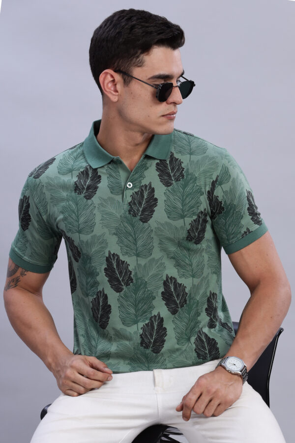 Buy stylish Olive color Leaf Printed Polo T-Shirt