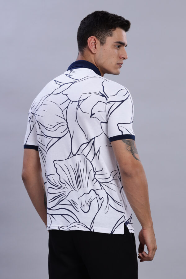 White & Navy Blue Floral-Print Polo T-Shirt - Image 7