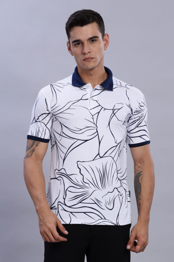 White & Navy Blue Floral-Print Polo T-Shirt - Image 8