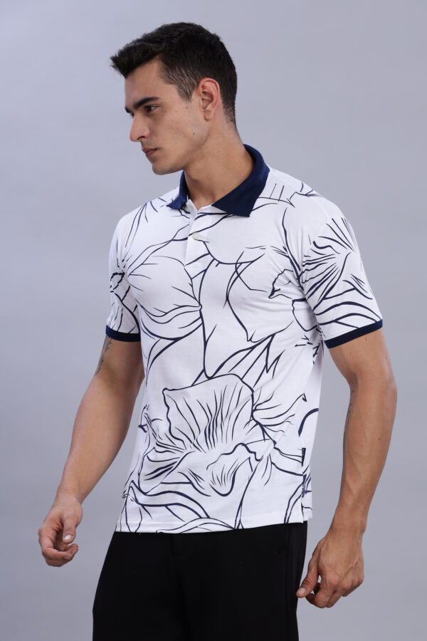 White & Navy Blue Floral-Print Polo T-Shirt - Image 2