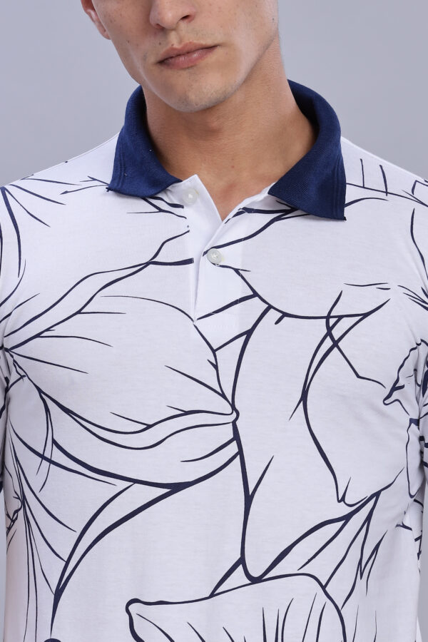 White & Navy Blue Floral-Print Polo T-Shirt - Image 3