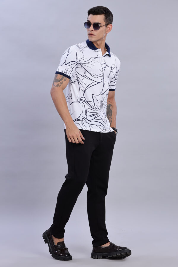 White & Navy Blue Floral-Print Polo T-Shirt - Image 5