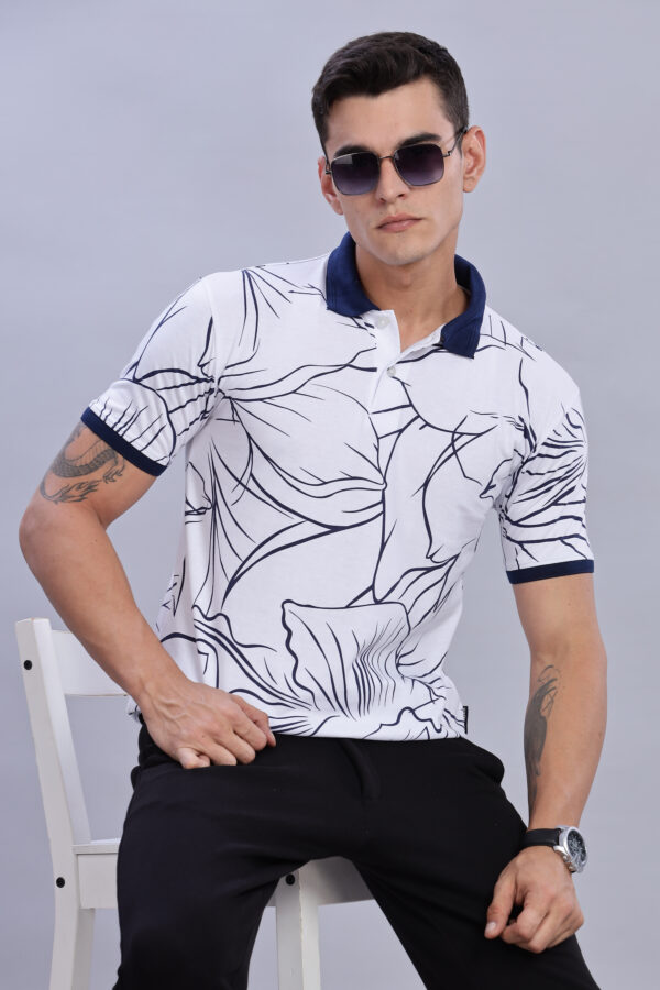 White & Navy Blue Floral-Print Polo T-Shirt - Image 6