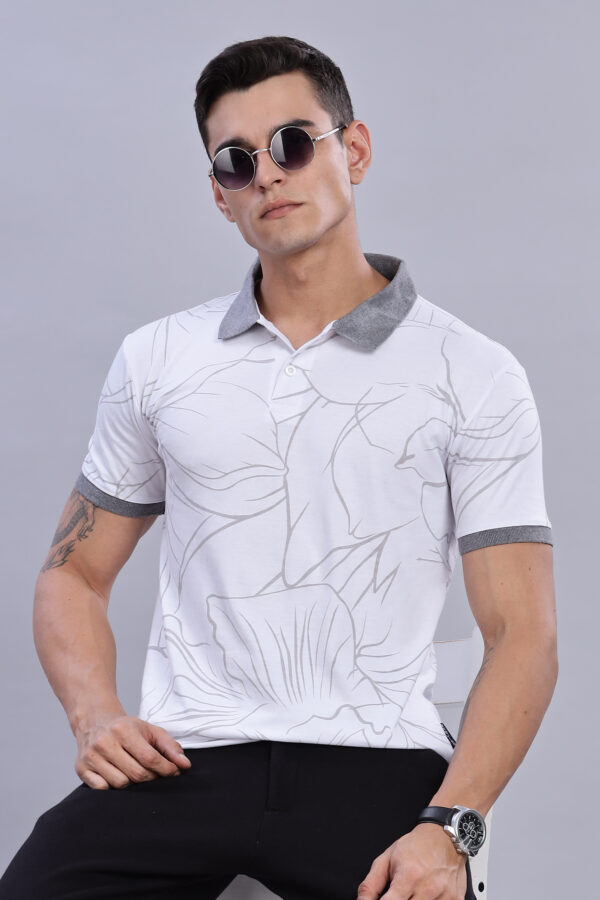 buy online Grey Printed Polo T-Shirt with Contrast Collar