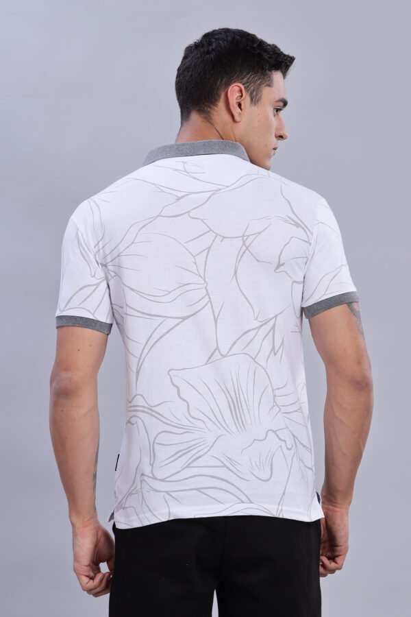 Grey Printed Polo T-Shirt with Contrast Collar - Image 4