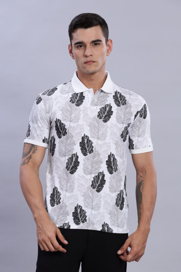 buy online Black & Grey Leaf Printed Polo T-Shirt for men