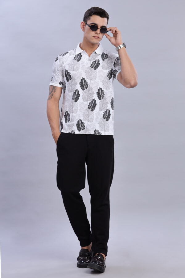 Buy stylish Black & Grey Leaf Printed Polo T-Shirt