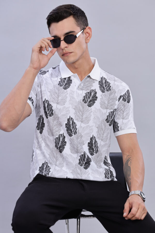 Buy Black & Grey Leaf Printed Polo T-Shirt