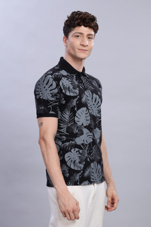 buy online Black & ligh Grey Tropical Leaf Print Polo T-Shirt