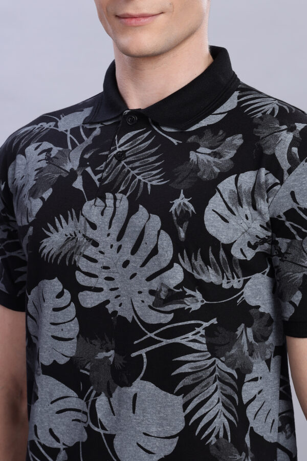 Black & Grey Tropical Leaf Print Polo T-Shirt - Image 6