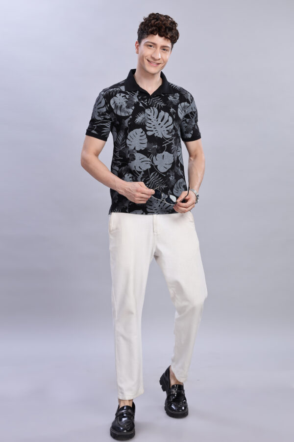 Buy Black & ligh Grey Tropical Leaf Print Polo T-Shirt