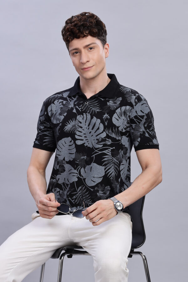 Best Black & ligh Grey Tropical Leaf Print Polo T-Shirt buy