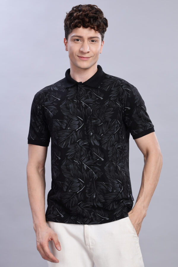 Buy Black & Grey Tropical Leaf Print Polo T-Shirt Online