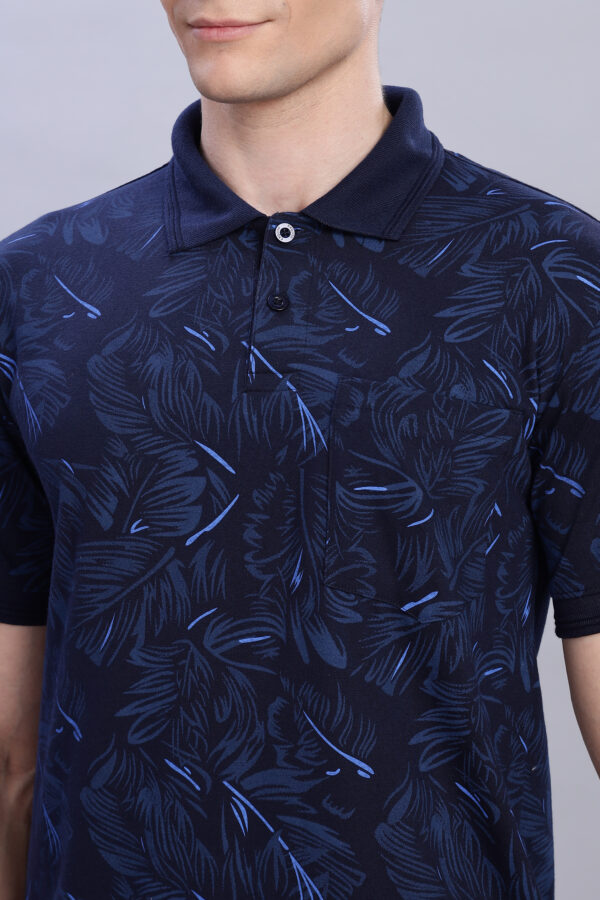 Best Navy Blue Tropical Print Polo T-Shirt buy