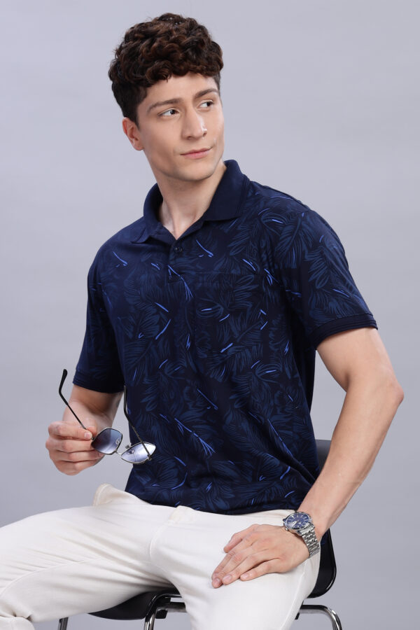 Buy Navy Blue Tropical Print Polo T-Shirt