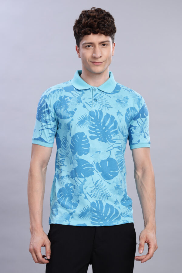 Buy Sky Blue Leaf Print Polo T-Shirt