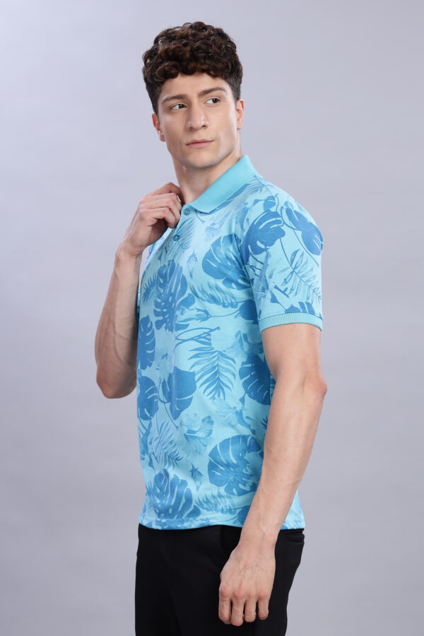 Low price Sky Blue Leaf Print Polo T-Shirt