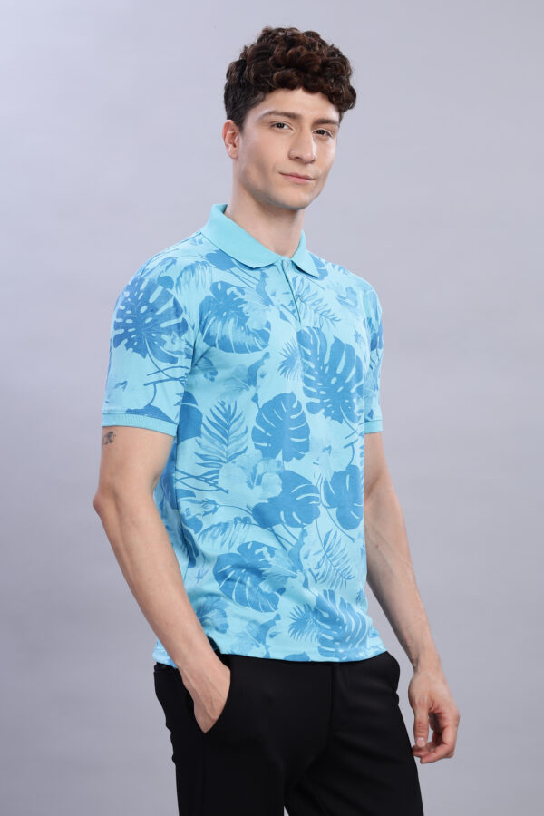 cheap price Sky Blue Leaf Print Polo T-Shirt