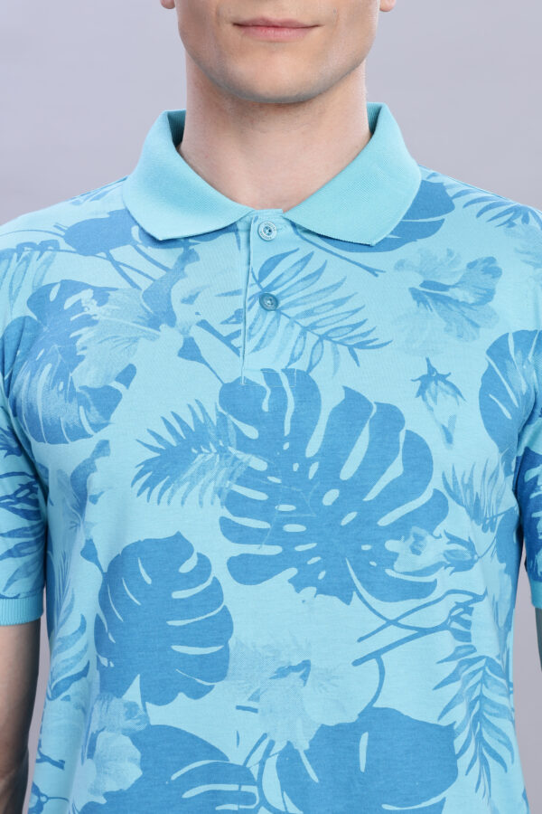 buy cheap price Sky Blue Leaf Print Polo T-Shirt