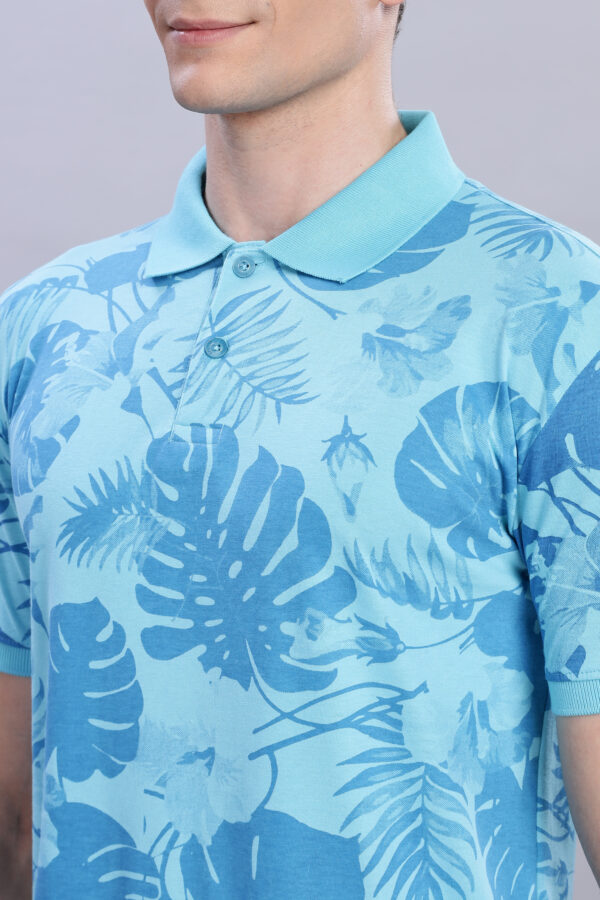 buy cheap price Sky Blue Leaf Print Polo T-Shirt online