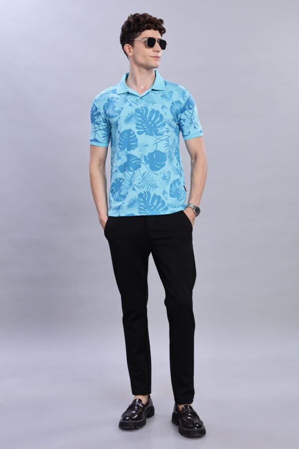 Buy Sky Blue Leaf Print Polo T-Shirt online