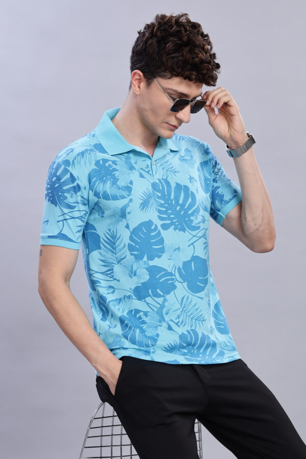 Buy Low price Sky Blue Leaf Print Polo T-Shirt online