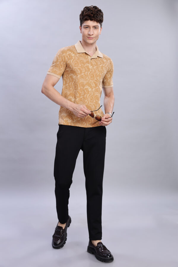 Elegant Paisley Print Polo T-Shirt – Beige & Gold Tones - Image 2